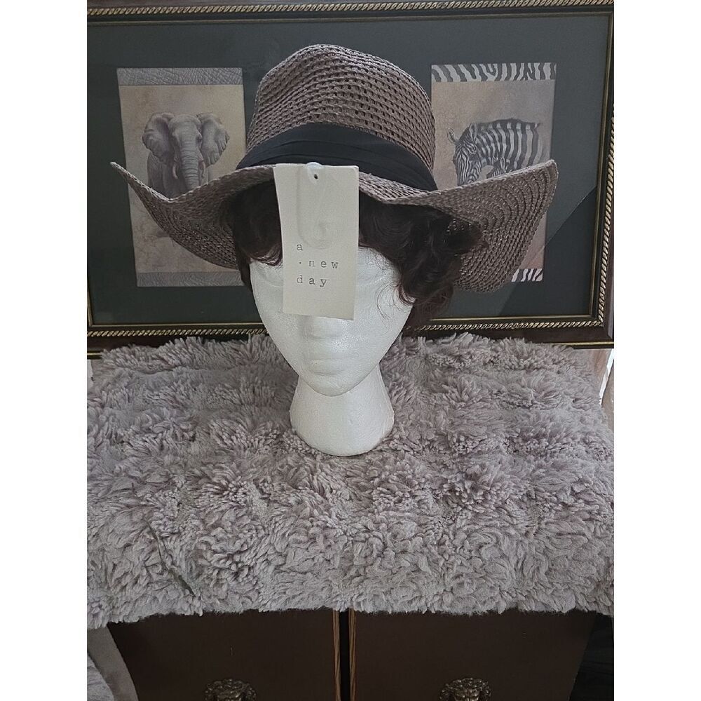 a new day Taupe Wide Brim Straw Hat with Black Band